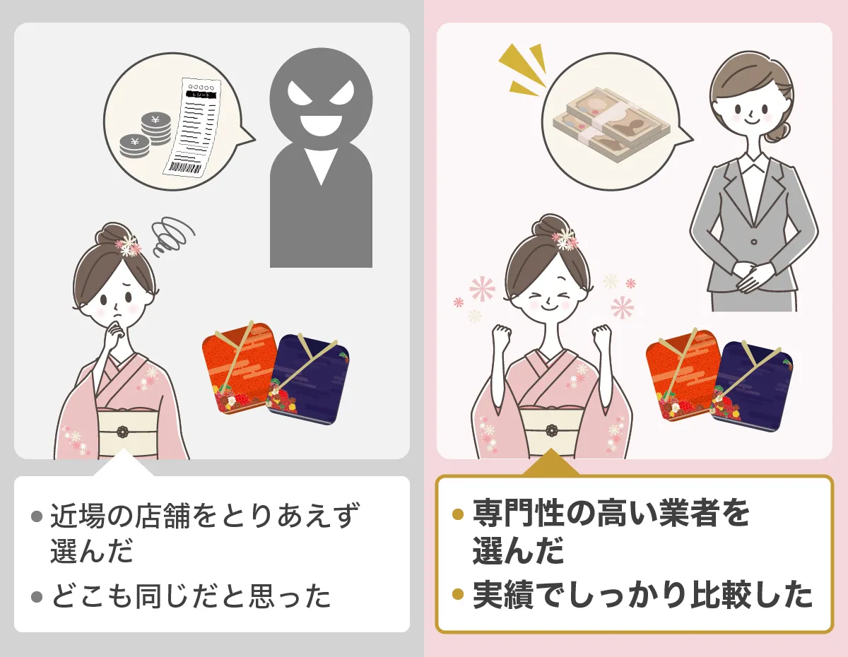 近場の店舗をとりあえず選んだ・どこも同じだと思った vs 専門性の高い業者を選んだ・実績でしっかり比較した